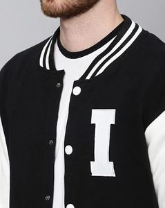 Blouson universitaire homme noir et blanc avec imprimé lettre I, en polaire, décontracté, coupe droite, col rabattu, simple boutonnage, pour l'automne - Product Image 6