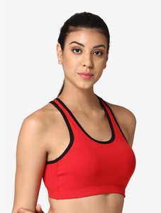 Sujetador deportivo rojo para mujer con espalda cruzada, cuello redondo, ribete en contraste, soporte medio, transpirable, sin costuras, top de fitness y ropa deportiva. - Product Image 1