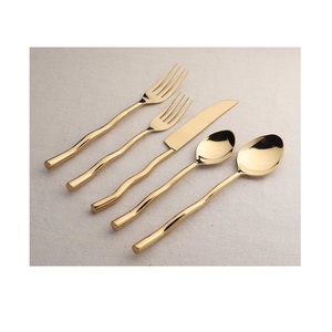 Modern Gold Silverware Set with <b>Wave</b> Design - 5-Piece Elegant Stainless Steel Cutlery - Polished Gold Finish Kitchen Utensils - Product Image 3