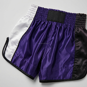 Custom Purple <b>Men</b> Muay Thai Shorts Tri Color Panel Kickboxing <b>Trunks</b> Wholesale Custom Logo Satin MMA Fighting Shorts - Product Image 5