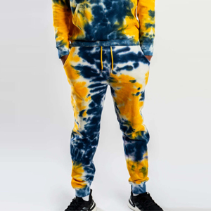 Ensemble de survêtement tie-dye à capuche pour homme, manches longues, décontracté, dégradé jaune-bleu, pantalon en coton avec cordon de serrage, style printemps - Product Image 5