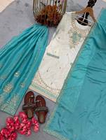 Ensemble Kurti Palazzo en soie Chinon blanche avec sequins et broderies miroir faites à la main, avec dupatta, tenue ethnique de soirée pour femmes