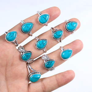 Anillos Vintage Bohemios de Turquesa en Forma de Lágrima, Hechos a Mano con Latón y Piedras Preciosas Naturales, Chapados en Plata 925, Anillos de Moda al por Mayor para Minoristas - Product Image 1