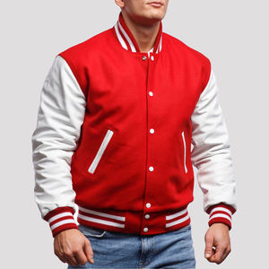 Red and White Varsity Jacket for Men Classic Wool Letterman Bomber Baseball College Style Jacket with Snap <b>Buttons</b> and Ribbed - Product Image 1