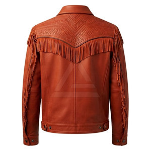 Embossed <b>Western</b> Leather <b>Jacket</b> Men Stylish Fringe Outerwear For Outdoor Casual Wear Cowboy Fashion And Streetwear - Product Image 2