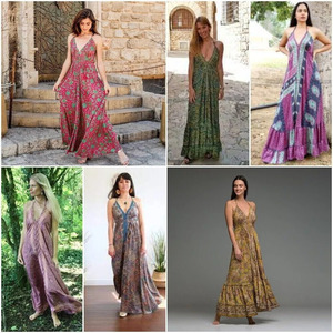 Robe de plage d'été bohème en soie – Robe longue élégante imprimée avec col en V, coupe décontractée et design léger pour femme - Product Image 5