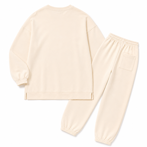 Custom Logo Women Beige Longline Sweatshirt Tapered <b>Joggers</b> Set <b>Oversized</b> Crewneck Tracksuit Two Piece Fleece Activewear Supply - Product Image 4