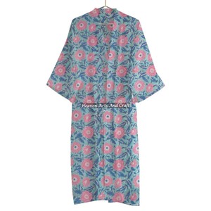 Hermoso bloque de mano impreso algodón orgánico Maxi Kimono vestido tamaño libre primavera Otoño Verano invierno bata de baño ropa de dormir - Product Image 4