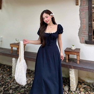 Premium OEM Solid Woven Vintage Off-the-Shoulder Flared <b>High</b> <b>Waist</b> A-Line Breathable Maxi <b>Dress</b> Ruched Detail Puff Sleeves Women - Product Image 5