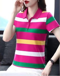 Women Striped Polo <b>Shirt</b> Short Sleeve Color Blocked Casual Knitted Top Pink Green Yellow Loose casual <b>boho</b> tees 5XL plus size - Product Image 2