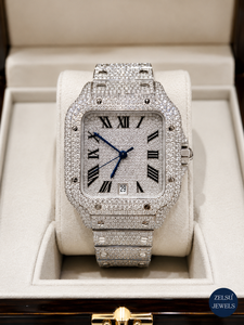 Reloj de Pulsera de Lujo Hip Hop, Totalmente Cubierto de Diamantes Moissanite VVS, Caja Cuadrada con Rosca, Esfera con Números Romanos, Manecillas Azules, Fecha, Plateado - Product Image 2
