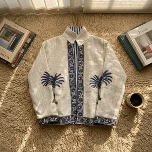 Veste en lin pour femme à imprimé palmiers et fleurs, col rabattu, style décontracté pour les vacances - Product Image 3
