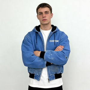 Sweat à capuche zippé intégral pour homme, en denim bleu tendance, effet usé, imprimé personnalisé, confortable, coupe oversize, style streetwear décontracté pour le quotidien - Product Image 3