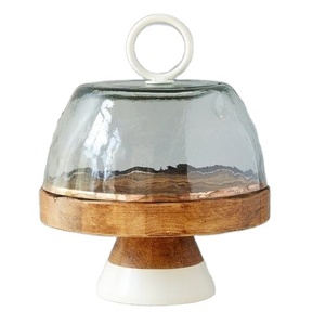Modern wooden <b>cake</b> stand with clear <b>glass</b> <b>dome</b> and white base premium dessert display for bakery kitchen party table best sell - Product Image 1