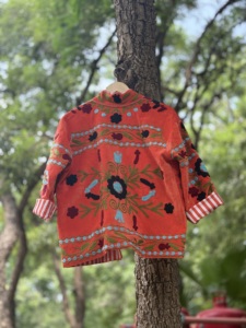 Orange Floral Sujani Woven <b>Velvet</b> Cotton <b>Jacket</b> <b>Women</b> Handmade Embroidery Heart Print Traditional Indian Autumn Winter 160g B2B - Product Image 3
