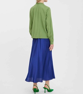 Blusa Casual de Verano para Mujer, Tejida, Verde Sólido, Cuello Camisero, Mangas Largas Abullonadas, Transpirable, Ecológica, Antiarrugas - Product Image 3