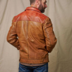 Chaqueta de cuero marrón para hombre, estilo vaquero vintage, con dobladillo bicolor y cremallera, de cuero genuino, tipo ranchero, venta al por mayor OEM - Product Image 5