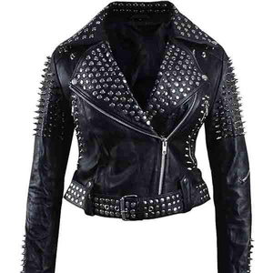 Chaqueta de moto de cuero genuino para mujer SEAMER WEAR con remaches, manga larga, cuello vuelto y cierre de cremallera, estilo invierno - Product Image 2
