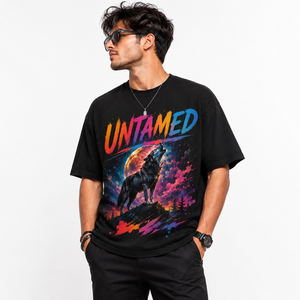 Untamed Wolf Printed Front <b>Men's</b> Black T-Shirt Long Sleeve O-Neck Loose Fit Casual 100% Cotton Jersey Breathable <b>Animal</b> Print - Product Image 3