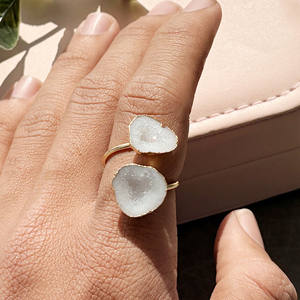 Raw White Geode Druzy Open <b>Ring</b> Gold Plated Adjustable Natural <b>Crystal</b> Statement <b>Ring</b> Boho Jewelry Gift for Girlfriend - Product Image 1