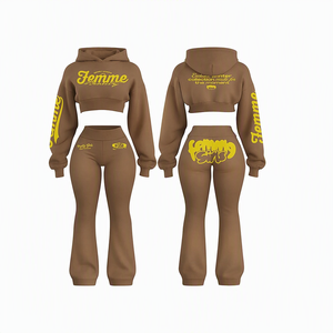 Ensemble pantalon et haut court à capuche noir pour femme, imprimé lettres roses, tenue tricotée décontractée deux pièces pour l'hiver - Product Image 4