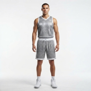 MA-ATTIERA Conjunto de uniforme de baloncesto personalizado con patrón de cuadrícula gris para hombre, camiseta sin mangas y pantalones cortos - Product Image 1