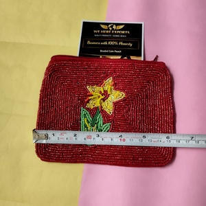 Artisan Crimson Blossom Handmade Beaded Coin Pouch Red Flower Design Zipper Closure Chain Strap Bohemian Style Unisex Mini Size - Product Image 3