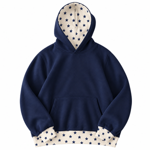 <b>Navy</b> Blue Hooded Sweatshirt With Star Lined Hood And Hem Regular Fit Casual Women's Pullover Long Sleeve Knitted Cotton <b>Top</b> - Product Image 1