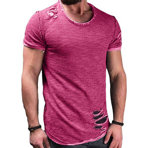 T-shirt rose slim fit en maille pour homme, col rond, manches courtes, couleur unie, design vieilli - Product Image 4