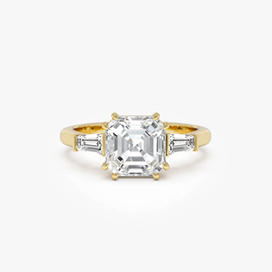 Bague de fiançailles en or jaune pour femme avec diamant taille Asscher et pierres latérales baguette, style classique, bijoux en diamant naturel - Product Image 3