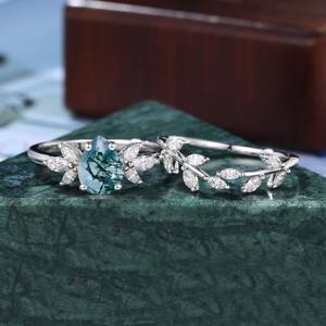 Ensemble de bagues de fiançailles en agate mousse poire avec grappe de moissanite, alliance de mariage pour femme, bijoux fins OEM ODM - Product Image 4