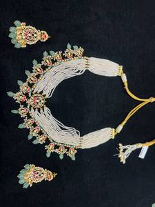TISHYA DIAMOND Ethnic <b>Gold</b> Plated Imitation Pearl Brilliant Cut Necklace Earring <b>Set</b> Ruby Tassel Women's Wedding Jewelry Gujarat - Product Image 4