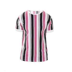 เสื้อยืดแขนสั้นลายทางสำหรับผู้ชาย คอกลม ลำลอง ทอผ้า ทรงปกติ สีชมพู สีดำ สีขาว ลายพิมพ์ - Product Image 1
