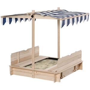 Sabbiera in Legno Convertibile con Tettuccio Regolabile e Schienali a Panchina, Fondo Blu Naturale, Arredamento Convertibile per Bambini - Product Image 1