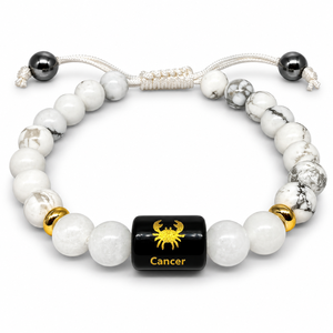 Pulsera de Cuarzo del Zodíaco del Cáncer de Grado Premium con Cuentas Negras Grabadas y Etiqueta de Cobre con Símbolo Sánscrito Estilo Feng Shui - Product Image 1