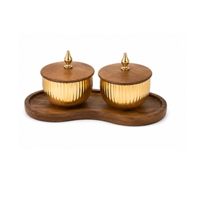 Ensemble de bols à dattes arabes de luxe, en métal doré cannelé, avec couvercles en bois et plateau, pour la fête de l'Aïd, le Ramadan, la décoration de table à la maison. - Product Image 1
