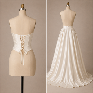 Robe de mariée élégante et moderne en satin, coupe trapèze, sans bretelles, dos lacé, avec poches |   Robe de mariée ivoire naturelle longueur cheville sur mesure - Product Image 4