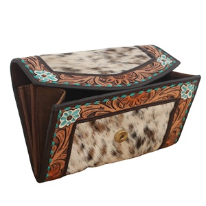 Bolso de mano tipo cartera de cuero vacuno occidental con pelo, grabado floral y incrustaciones de turquesa, hecho a mano para mujer, listo para enviar - Product Image 1