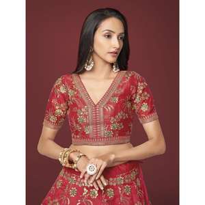 Lehenga Choli semi-cousu traditionnel en soie rouge brodée séduisant avec un chemisier par Zeel Clothing - Product Image 4