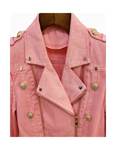 Women's <b>pink</b> Genuine Leather Moto <b>Jacket</b> Full Sleeve Zipper Closure Stand Collar Autumn Style - Product Image 5