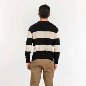 Pull en tricot rayé noir et beige pour homme, col rond, coupe classique, décontracté, pour l'automne - Product Image 2