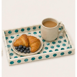 Plateau de service rectangulaire artisanal de luxe en mosaïque géométrique incrusté de nacre, écologique, avec poignées, pour mariage et décoration intérieure - Product Image 2