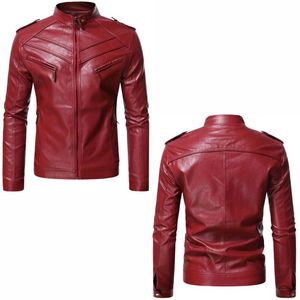 Blouson moto homme en cuir PU rouge, col montant, fermeture éclair, coupe ajustée, manches classiques, couleur unie, style motard, pour l'automne, tendance - Product Image 3