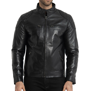 Veste en cuir véritable pour homme, style moto, coupe ajustée, noire, fermeture éclair, col montant, style motard classique - Product Image 4