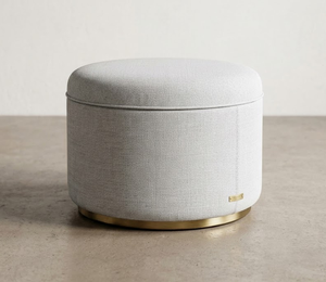 Pouf rond Aurelio Ottoman scandinave Mikkeli blanc 600 mm avec base en laiton, tabouret de luxe en contreplaqué pour salon et chambre à coucher - Product Image 3