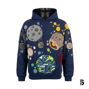 Men's <b>Black</b> Hooded <b>Fleece</b> Sweatshirt Applique Planet Patchwork Casual Streetwear Regular Fit Winter Breathable Eco-Friendly - Product Image 2