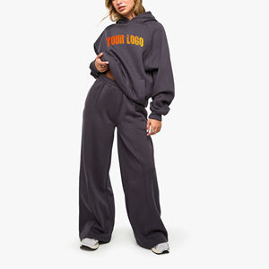 Conjunto de chándal de forro polar de 2 piezas para mujer al por mayor, top corto con capucha y bolsillo, ajuste holgado, para todas las estaciones, ropa casual, color liso con letras - Product Image 4