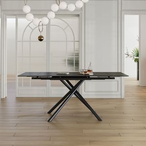 Tavolo da Pranzo Rettangolare Moderno da 83 Pollici con Gambe in Acciaio al Carbonio Nero e Piano in Pietra Sinterizzata Retrattile, Elegante e Raffinato - Product Image 1