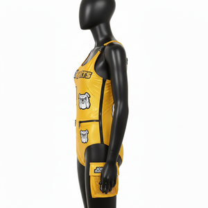 ชุดว่ายน้ำผ้าโพลีเอสเตอร์ผสมสแปนเด็กซ์พรีเมียม สีเหลือง ผ้าเนื้อยืด กระเป๋าซิป แผงผ้าปักโลโก้ตามสั่ง สำหรับผู้หญิง - Product Image 2