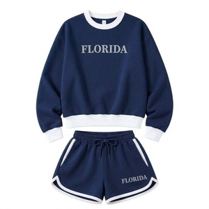 Conjunto de 2 Piezas Personalizado para Mujer, Color Azul Marino, Sudadera con Cuello Redondo, Estampado de Letras, Franja Lateral, Estilo Casual - Product Image 1